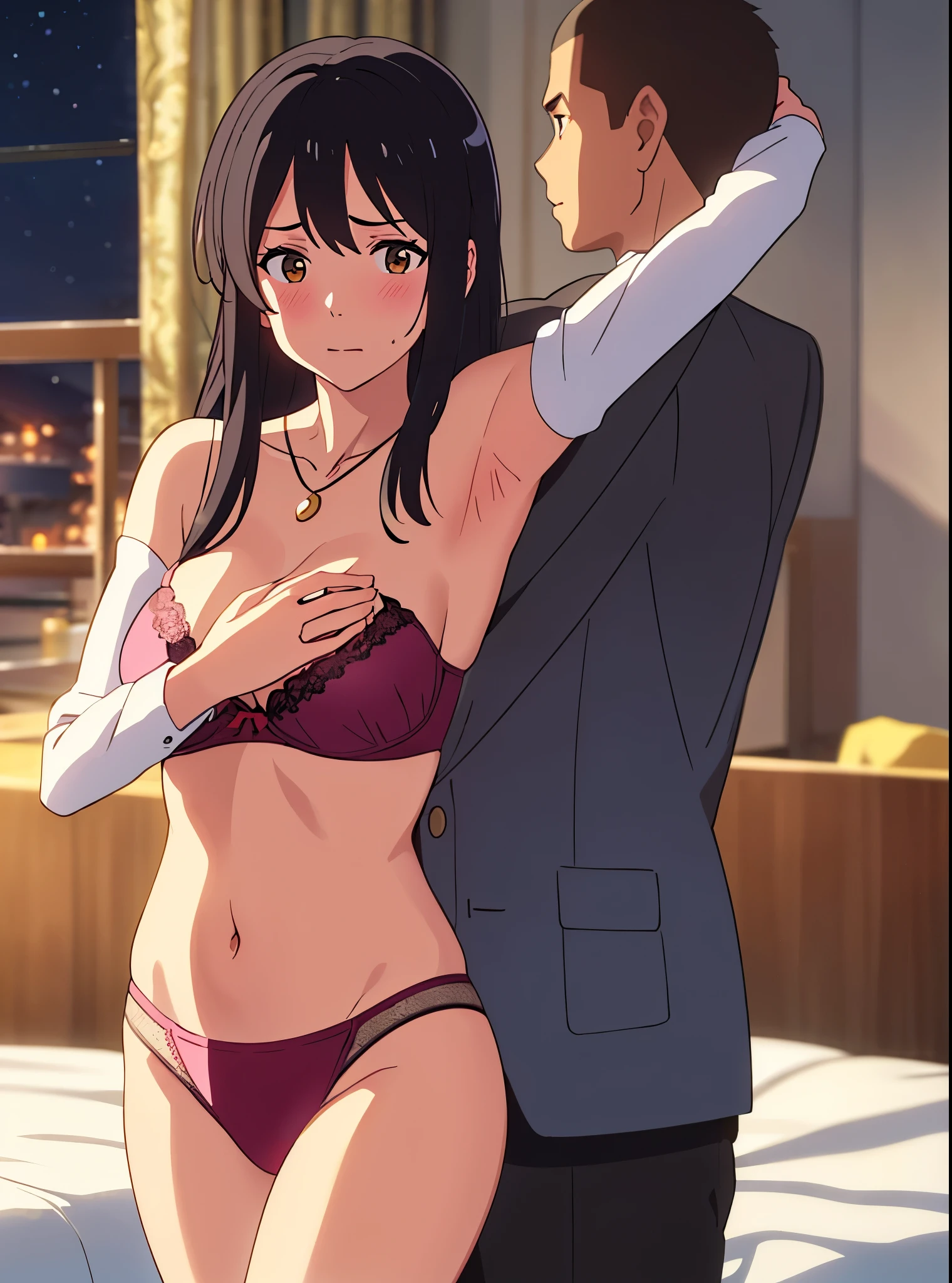 shinkai makoto, Kimi No Na Wa., 1 boy, Shaved head, , Boys are behind girls, Touching the chest, Rubbing breasts from behind, grab, grabbing chest,chestgrab behind back, Remove your bra, Hold the bra, Embrace, Embrace, Kiss on the neck, One girl, Black Hair, Waterfall knitting, Red ribbon, Long Hair, Brown eyes, blue star necklace, Light Cardigan Pink, Open shirt, Yellow shirt Open shift, belly button, cute, Open your mouth, whole body, Long sleeve, Cowboy Shot, masterpiece, On a date, Blushing, Bedroom, night, Sit on the bed , Shaved head,Topless,Nipples are erect,Armpit sweat,Shyness,clear,High exposure,Having my armpits licked,His arms are tied and he is hanging from a rope、A beautiful adult woman with long hair