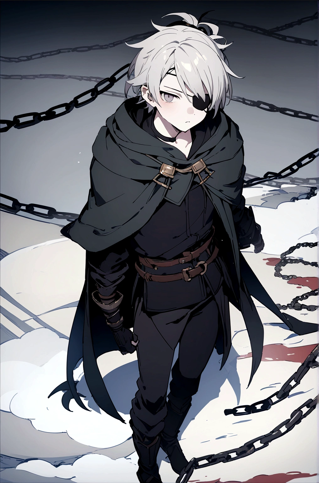 Anime character, a man, medieval era. Young man, 20 years old, large body, cold gaze, cold expression, white skin, short messy gray hair, ponytail, left eye patch, black clothes, black shirt, dark cape with hood, chains. frontal camera. Walking in a sea of blood. Three moons shining high in the sky, purple, red and blue. White electricity emanating from his body, black electricity emanating from his left hand. Right eye shining in a white ray. Thunderous white lightning. (best quality, 4k, 8k, high resolution, masterpiece: 1.2), vibrant, ultra-detailed colors, chiaroscuro lighting, dramatic pose, intricate details, fantasy, mystical, powerful