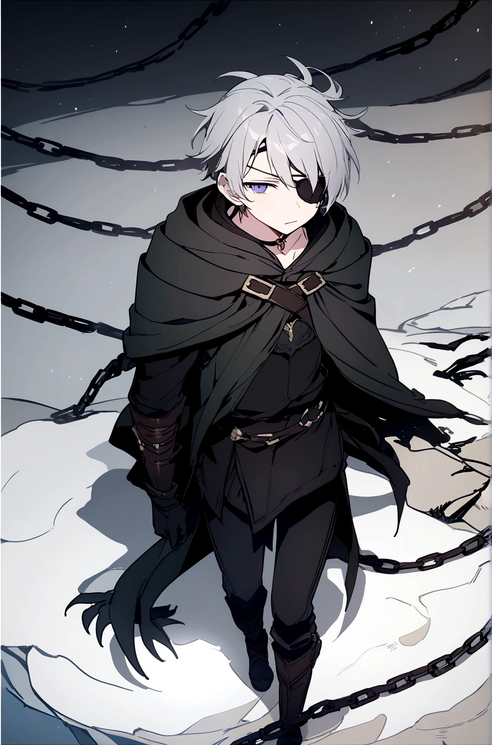 Anime character, a man, medieval era. Young man, 20 years old, large body, cold gaze, cold expression, white skin, short messy gray hair, ponytail, left eye patch, black clothes, black shirt, dark cape with hood, chains. frontal camera. Walking in a sea of blood. Three moons shining high in the sky, purple, red and blue. White electricity emanating from his body, black electricity emanating from his left hand. Right eye shining in a white ray. Thunderous white lightning. (best quality, 4k, 8k, high resolution, masterpiece: 1.2), vibrant, ultra-detailed colors, chiaroscuro lighting, dramatic pose, intricate details, fantasy, mystical, powerful