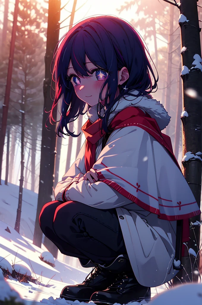 aihoshino, Ai Hoshino, Long Hair, bangs, (Purple eyes:1.1), Purple Hair, (Symbol-shaped pupil:1.5), smile,,smile,blush,White Breath,
Open your mouth,snow,Ground bonfire, Outdoor, boots, snowing, From the side, wood, suitcase, Cape, Blurred, , forest, White handbag, nature,  Squat, Mouth closed, Cape, winter, Written boundary depth, Black shoes, red Cape break looking at viewer, Upper Body, whole body, break Outdoor, forest, nature, break (masterpiece:1.2), Highest quality, High resolution, unity 8k wallpaper, (shape:0.8), (Beautiful and beautiful eyes:1.6), Highly detailed face, Perfect lighting, Highly detailed CG, (Perfect hands, Perfect Anatomy),