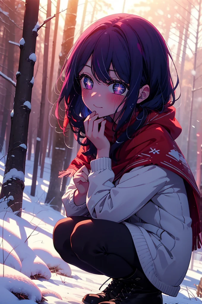 aihoshino, Ai Hoshino, Long Hair, bangs, (Purple eyes:1.1), Purple Hair, (Symbol-shaped pupil:1.5), smile,,smile,blush,White Breath,
Open your mouth,snow,Ground bonfire, Outdoor, boots, snowing, From the side, wood, suitcase, Cape, Blurred, , forest, White handbag, nature,  Squat, Mouth closed, Cape, winter, Written boundary depth, Black shoes, red Cape break looking at viewer, Upper Body, whole body, break Outdoor, forest, nature, break (masterpiece:1.2), Highest quality, High resolution, unity 8k wallpaper, (shape:0.8), (Beautiful and beautiful eyes:1.6), Highly detailed face, Perfect lighting, Highly detailed CG, (Perfect hands, Perfect Anatomy),