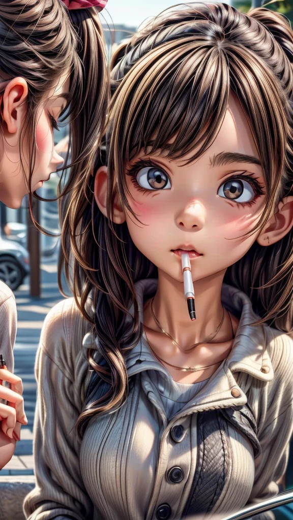 girl smoking a cigarette、blowing cigarette smoke at a friend