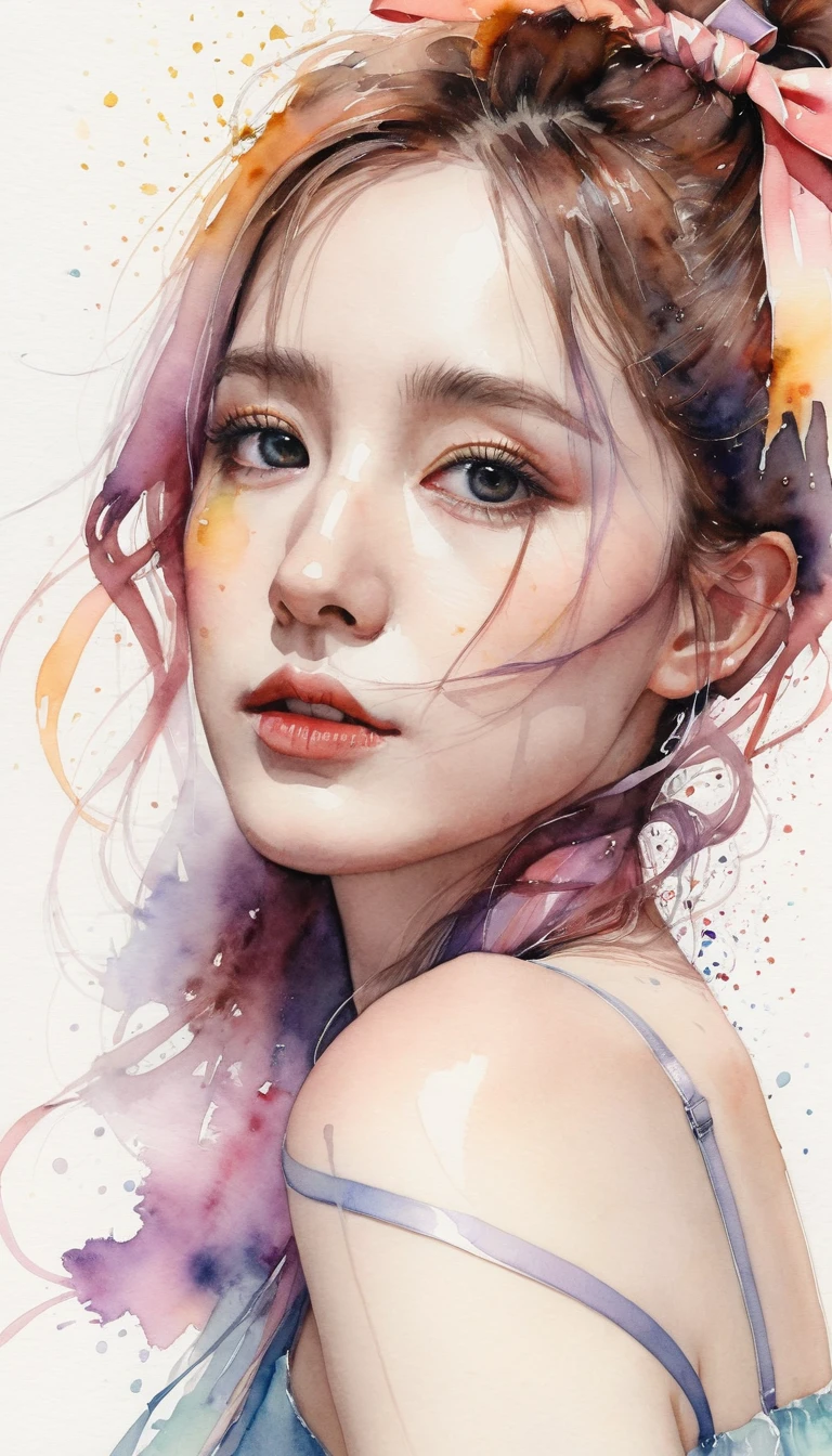 (8k, best quality, masterpiece:1.2),(best quality:1.0), (ultra highres:1.0), watercolor, a beautiful woman, shoulder, hair ribbons, by agnes cecile, half body portrait, extremely luminous bright design, pastel colors, (ink:1.3), autumn lights,
