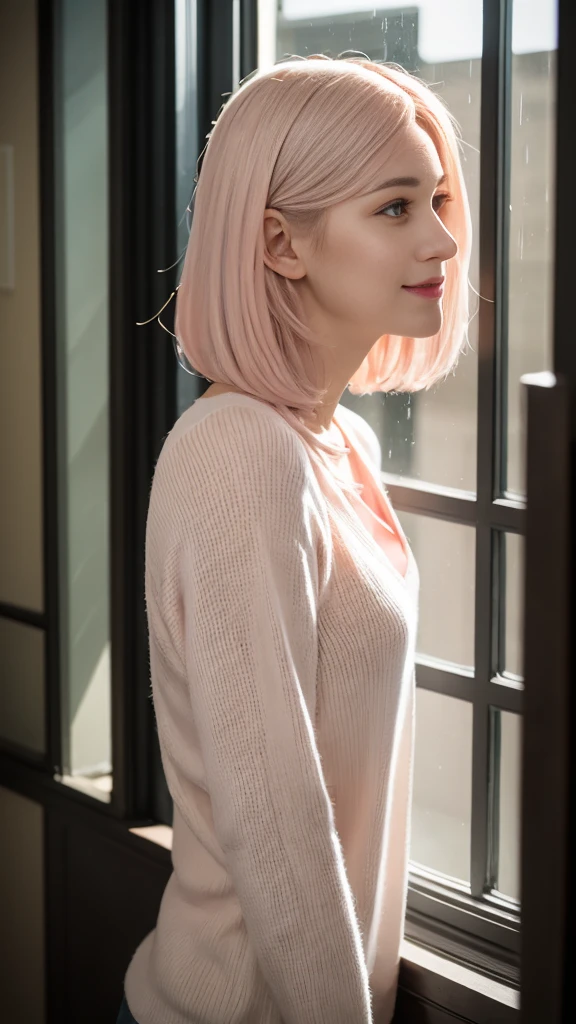 (masterpiece), (best quality), Ultra-high resolution, Raw photo, A photo-realistic, ((Looking outside by the window on a rainy day)), super cute woman, 1girl, (perfect face:1.2), (beautiful face:1.2), (((pale pink hair))), long hair, (upper body:1.3), light smile, (looking out the window:1.4), pose, sheer shirt, indoors, morning time, intricate, depth of field, cinematic lighting,