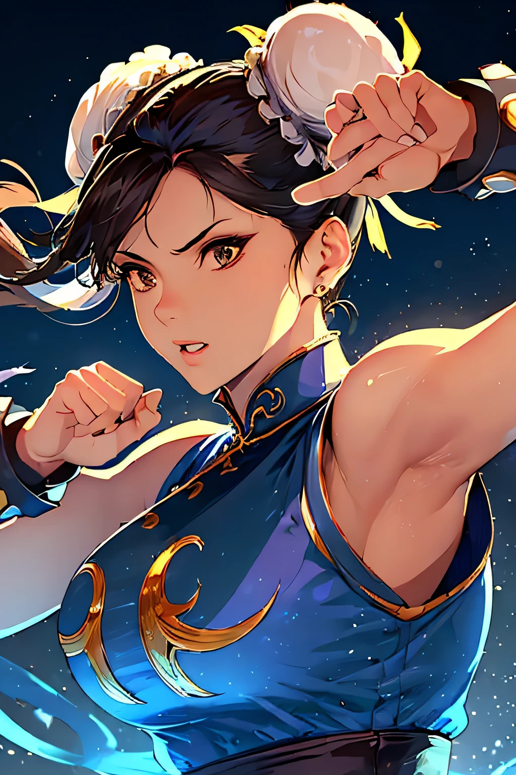 ((masterpiece,best qualtiy)),1girl,solo,ChunLi,upper body,beautiful night street background