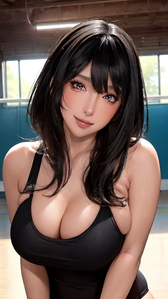 1 Lady Solo, (nsfw), (Thick black hair) bangs, Blushing, I laughed lightly., (Top quality masterpiece:1.2) Very detailed and delicate illustrations, (Indoor volleyball court)