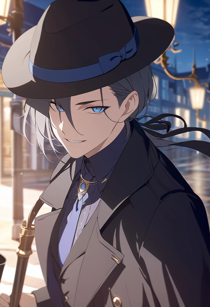 masterpiece,best quality,depth of field,8K,looking at the viewer,dark gray hair,blue eyes,man,close,Street lamp,black long coat,black panama hat,stylish cane,smiling,male,(charismatic eyes 1;1),wseifuku,chic,