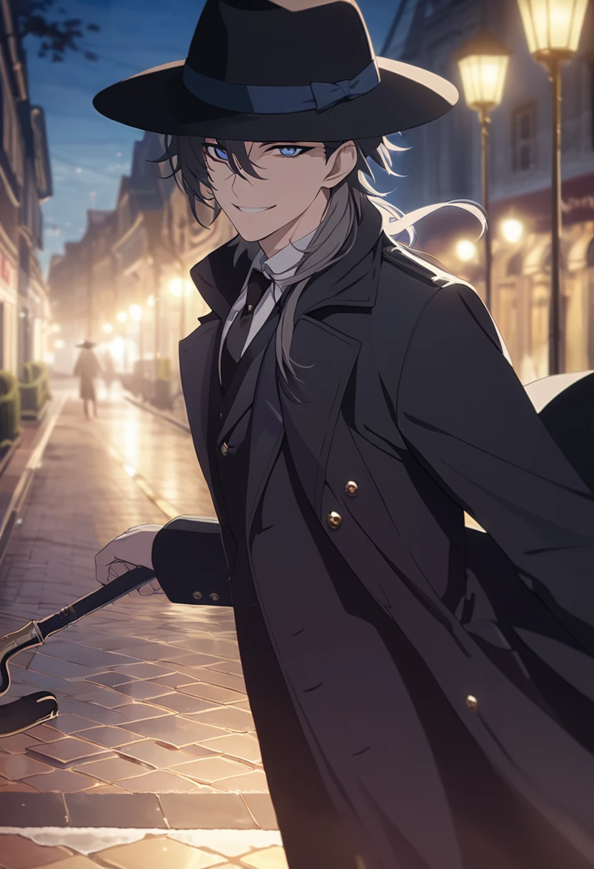 masterpiece,best quality,depth of field,8K,looking at the viewer,dark gray hair,blue eyes,man,close,Street lamp,black long coat,black panama hat,stylish cane,smiling,male,(charismatic eyes 1;1),wseifuku,chic,