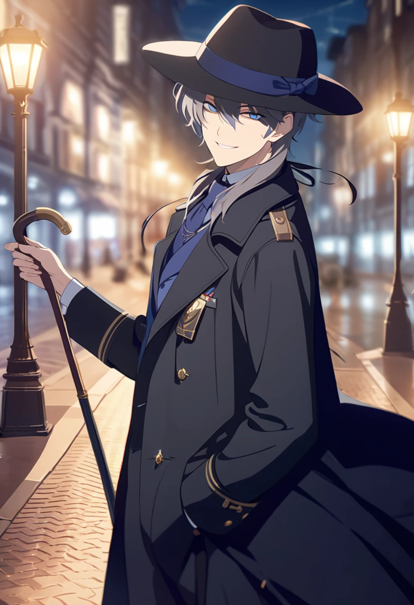 masterpiece,best quality,depth of field,8K,looking at the viewer,dark gray hair,blue eyes,man,close,Street lamp,black long coat,black panama hat,stylish cane,smiling,male,(charismatic eyes 1;1),wseifuku,chic,