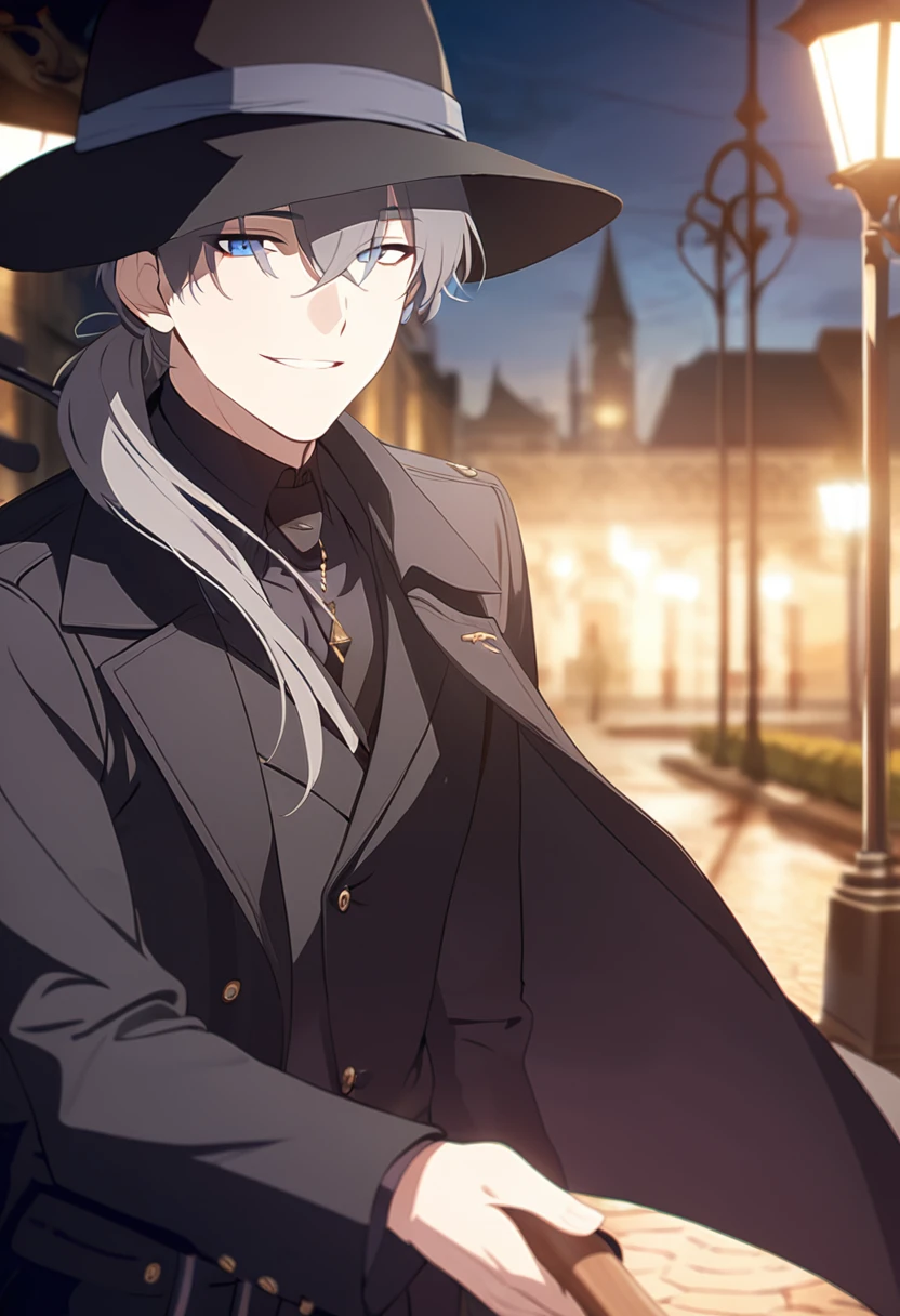 masterpiece,best quality,depth of field,8K,looking at the viewer,dark gray hair,blue eyes,man,close,Street lamp,black long coat,black panama hat,stylish cane,smiling,male,(charismatic eyes 1;1),wseifuku,chic,