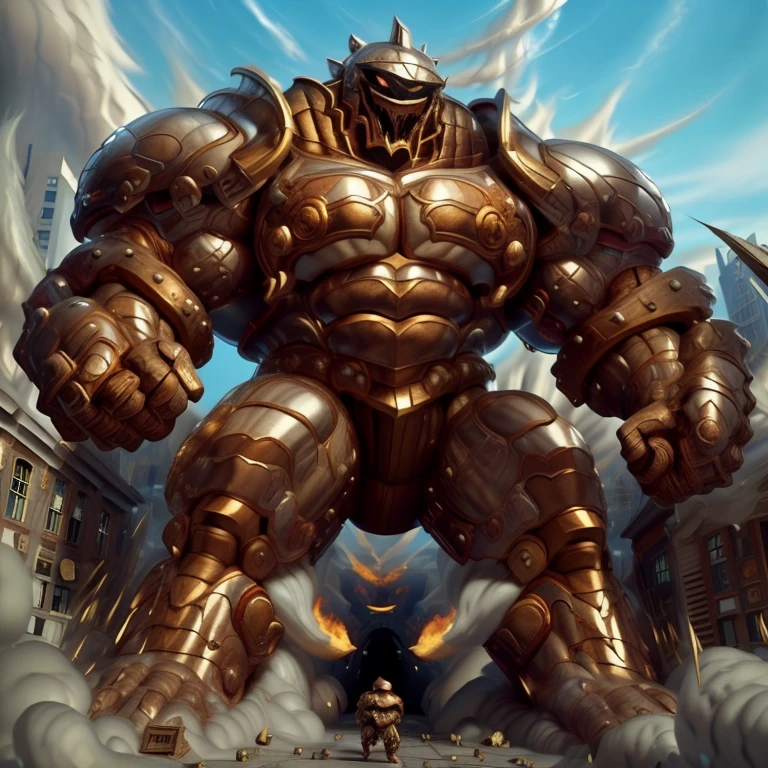 SOLO (masterpiece. official art. 8k. best quality. detailed full body. full body.)
(situation 1 : dominating Armored Flazzard. Armored Flazzard is over 1000 meters long. focus GIANT mechanical Muscular Armored Flazzard is trampling the city. Looking down. macro. stomp. Low-angle perspective. emphasizing the immense size.)
(situation 2 :smoke and flames rising from the destruction in the city)
(Additional details 1: real texture material. whole body shines like metal. emphasizes the muscles. suit fully made of metal.).
(Additional details 2: Detailed head. Detailed Body. Detailed abs. gigantic muscles. HYPER MUSCLES. Gigachad Muscular. big muscle. pecs. triceps. traps. unusually developed muscular body. body full of huge muscles. showing off muscles. pectorales enormes. Exaggeratedly huge muscles. huge muscles. long legs.).
his back he wears a golden cloak.
