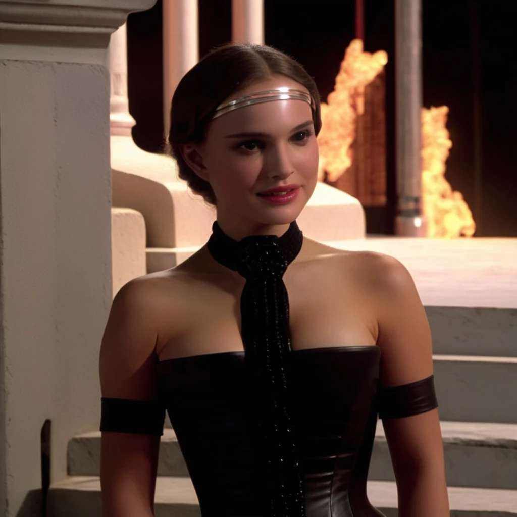  photo of padme woman sitting in a star wars ship,looking at camera,naboo corset, braid ponytail, tiara,full body shot,depth of field, dramatic lighting shadow, high quality, solo