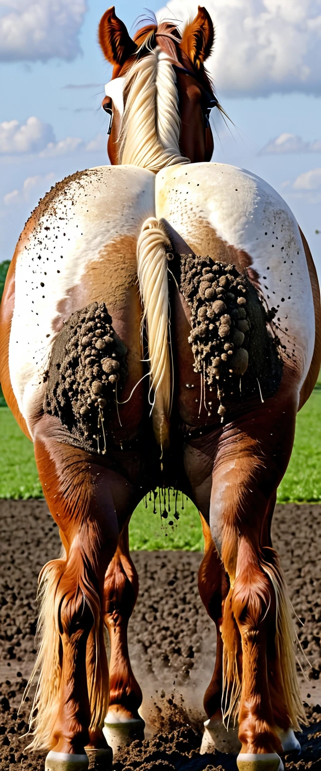 full rear view of large fat hairy Belgian draft horse stallion with lumps of horse dung coming out of the centre of a big   bum under tail. facing away from view point - towards horizon. wide open rectum and anus in full view full of horse dung. tail to left side. ((masterpiece)), ((best quality)), ((highres)), ((extremely detailed)), ((close  shot, back view)), (super realistic) . anatomically correct. horse surrounded by lumps of steaming dung