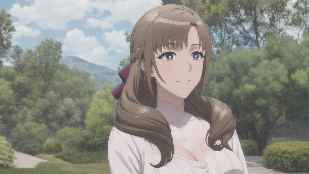 masterpiece, (Highest quality), 1 Female,One girl ,Your mother_oosuki, Brown Hair, Long Hair, (Let your hair down), Purple eyes,Mature Woman, White shirt, pants, sweater,Big Breasts, ribbon,Sexy Woman,smile, ,Closed clothes, Embarrassing,blush, Bare shoulders, Vibrant colors ,Natural light ,RTTX 10.0, , beautiful, (Detailed face:1.2), Showcase, (Perfect Eyes:1.1) ,(Realistic:1.1), 8K Ultra HD, View your viewers, Outdoor, Simple Background,