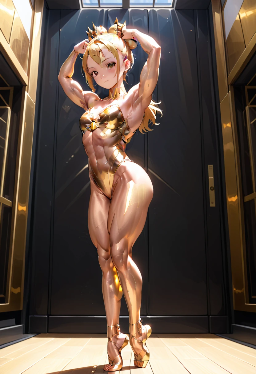 1girl, solo, official style, young girl, Yui, Sao, sword_art_online, blonde hair, high hair bun, single hair bun, ballerina bun, forehead, board forehead, makeup, gold face, brown eyes, (metallic skin _1.5), (gold skin_3.0), bodypaint, shiny skin, body shiny, goldcarvingcd, SlightMuscle, Bulky, Bodybuilder, Hypermuscle, alternate muscle size, leotard, gold leotard, highleg, clothing cutout, stomach cutout, looking at viewer, smile, closed mouth, full body, standing, from side, bare shoulder, barefoot, pose, arms up, double biceps pose, flexing, indoors, museum, building, light, 