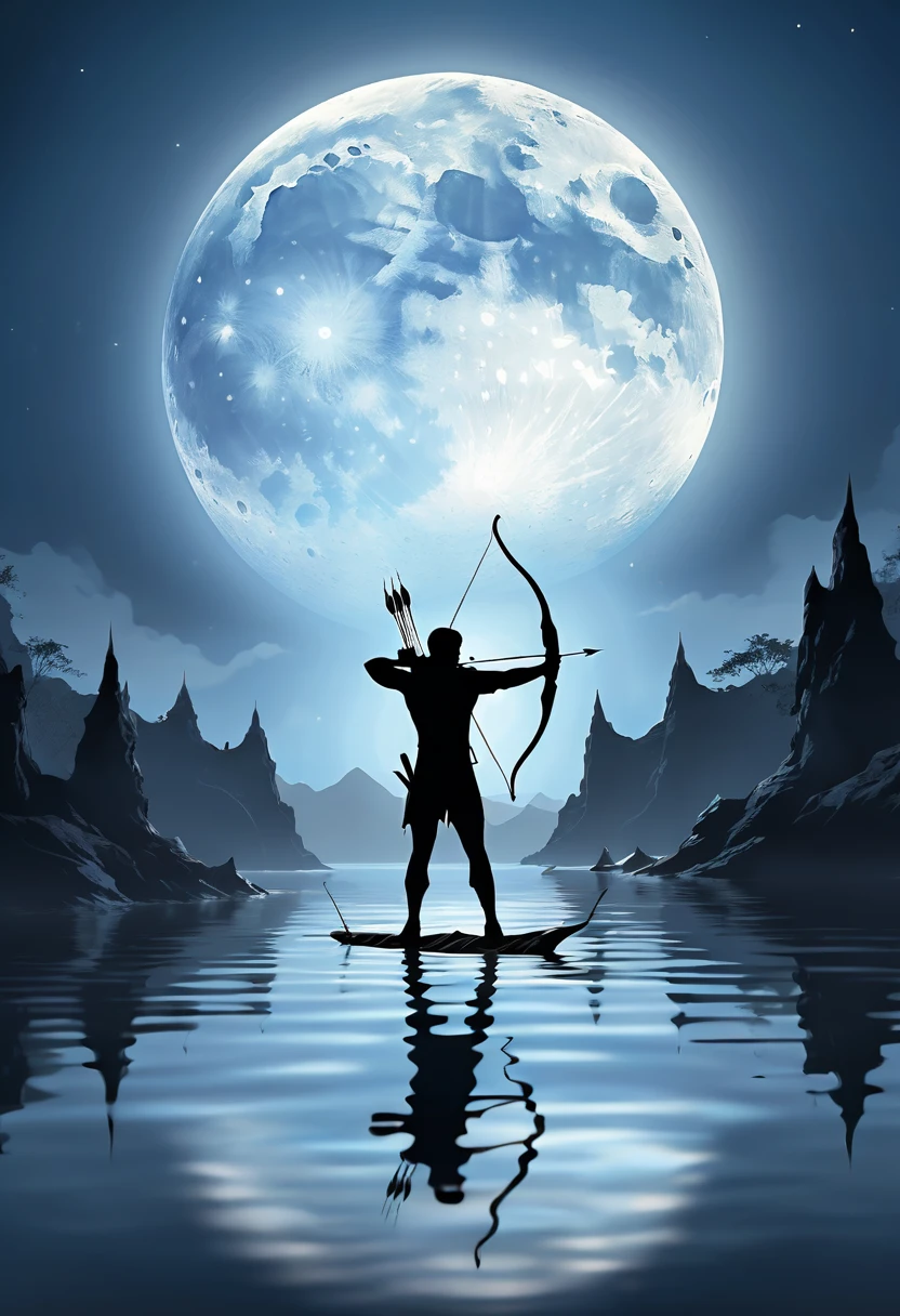 ( perfect anatomy ) Silhouette archer of a man holding a bow and arrow in the water in front of a super full moon( perfect anatomy ) silhouettes of,The light is very detailed, masterpiece, official art,
Highly detailed digital art for cinematic lighting effects,fantasy art show