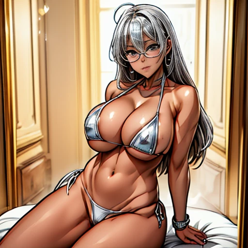 Ultra HD、Ultra high definition、Noise Reduction、perfection、Image quality adjustment、Balance Changes、girl、Gal、(Silver metallic micro bikini、High leg:1.5)、Camel Toe、Giant tit、Earrings、necklace、Bracelet、Caster wheel、first round、Plump、Super big breasts、Ahoge、Slut、Cleavage,Mole on chest、transformation、Odd Eye、Bubble butt、Thin glasses、Cowboy Shot、Sexy and cute、、((Oily skin、Sun Oil、Black shine、Shinyskin、Dewey、Tan Skin:1.3))、((burning、Sweating profusely、Pointed Chest、Lots of drooling、A lot of love juice:1.2))