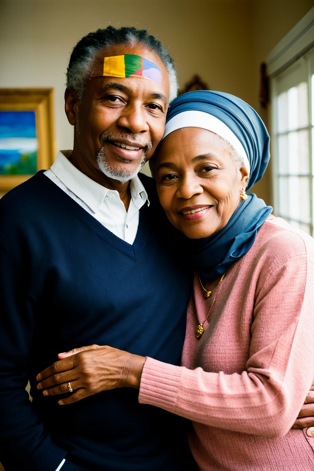 ((best quality)), ((Work of art)), (detailed), create professional photograph of an African-American couple, approximately 75 years old, hands, together, retired, normal clothes, woman with headscarf; and has successful posture, ultra HD and realistic photo.