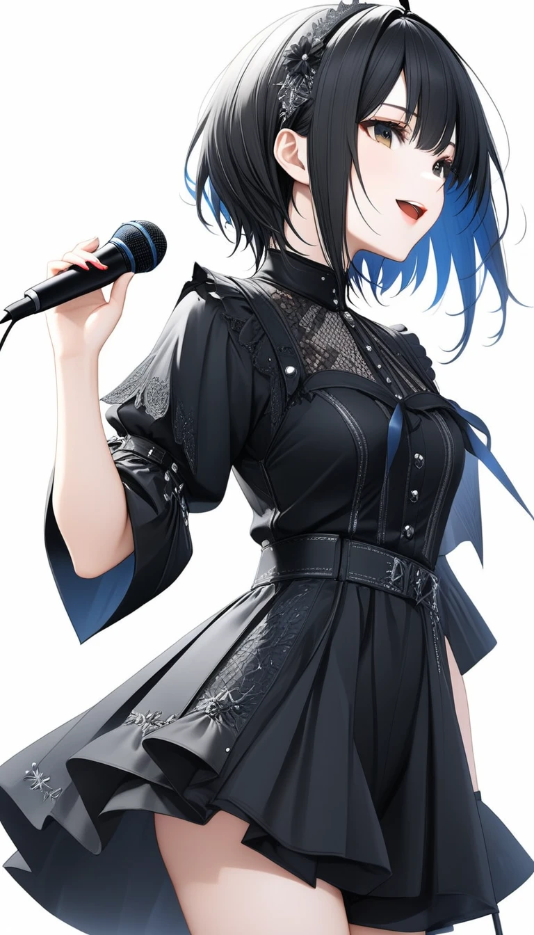 (((White background:1.2)))、(masterpiece、Ultra HD、high quality、4K)、(Scandinavian gothic metal girl holding a microphone and singing with her mouth open), (((very wide shot:1.2))),Highly detailed eyes, Detailed hand and fingers、Short black hair、Black Gothic Dress、Stylish outfit,Shorts、Dynamic pose、Dynamic、(profile)、(Grab the microphone)、smile,(((Look up to the sky:1.2)))
