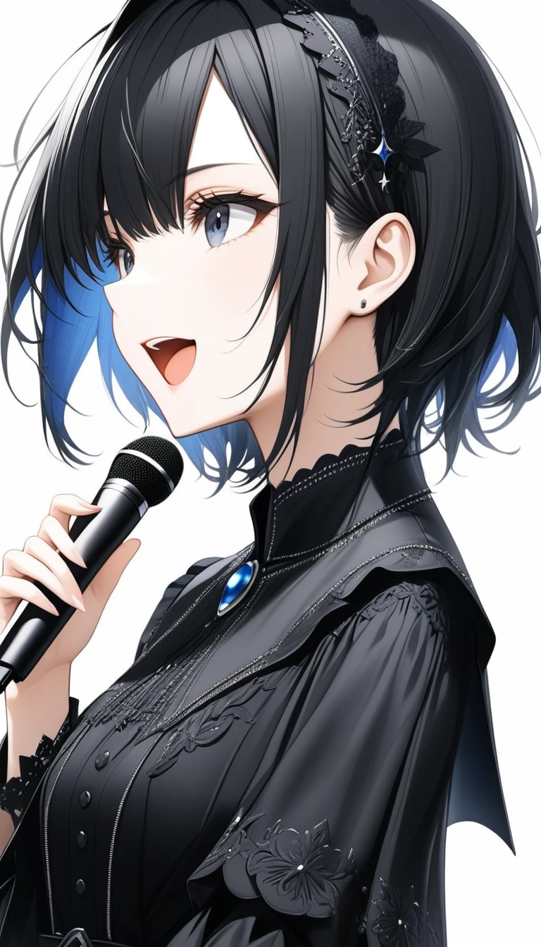 (((White background:1.2)))、(masterpiece、Ultra HD、high quality、4K)、(Scandinavian gothic metal girl holding a microphone and singing with her mouth open), (((very wide shot:1.2))),Highly detailed eyes, Detailed hand and fingers、Short black hair、Black Gothic Dress、Stylish outfit,Shorts、Dynamic pose、Dynamic、(profile)、(Grab the microphone)、smile,(((Look up to the sky:1.2)))
