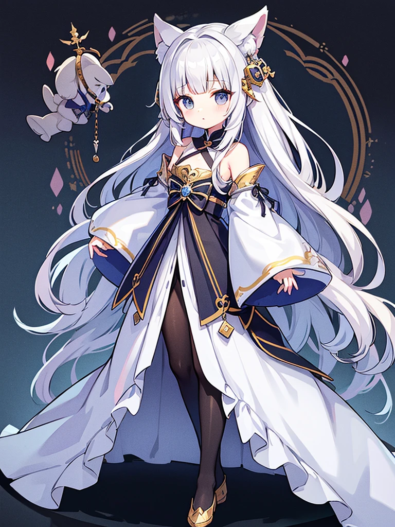Full-body portrait、Are standing、silver gray hair、Messy hair、Very long hair、Long Hair、Silver-based noble princess outfit、銀色の綺麗なLockの杖を持っている、Lock