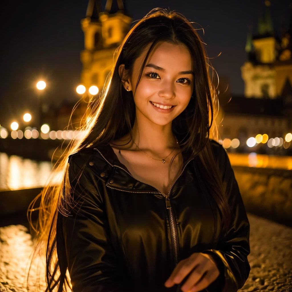 A light smile, night, RAW Photos, (((A portrait of extreme beauty))), (Glowing Skin)), 1 Girl, Beautiful girl in Prague, I&#39;m 11 years old, ((Natural light blonde hair)), [blue eyes], Shiny skin, Silky long straight hair, eyeliner, Long bangs, Hair between the eyes, Fluttering Hair, ((masterpiece, 最high quality, Super detailed, Film Light, Intricate details, High resolution, 8K, Very detailed)), Detailed Background, 8K UHD, Digital SLR, Soft Light, high quality, Film Grain, Fujifilm XT3, Shallow depth of field, Natural light, (No Hands), Upward glance, Sap eyes,