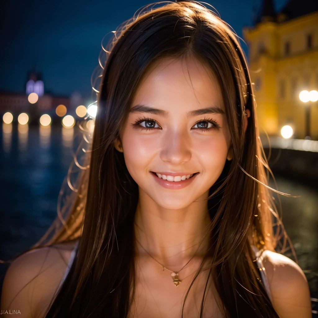 A light smile, night, RAW Photos, (((A portrait of extreme beauty))), (Glowing Skin)), 1 Girl, Beautiful girl in Prague, I&#39;m 11 years old, ((Natural light blonde hair)), [blue eyes], Shiny skin, Silky long straight hair, eyeliner, Long bangs, Hair between the eyes, Fluttering Hair, ((masterpiece, 最high quality, Super detailed, Film Light, Intricate details, High resolution, 8K, Very detailed)), Detailed Background, 8K UHD, Digital SLR, Soft Light, high quality, Film Grain, Fujifilm XT3, Shallow depth of field, Natural light, (No Hands), Upward glance, Sap eyes,