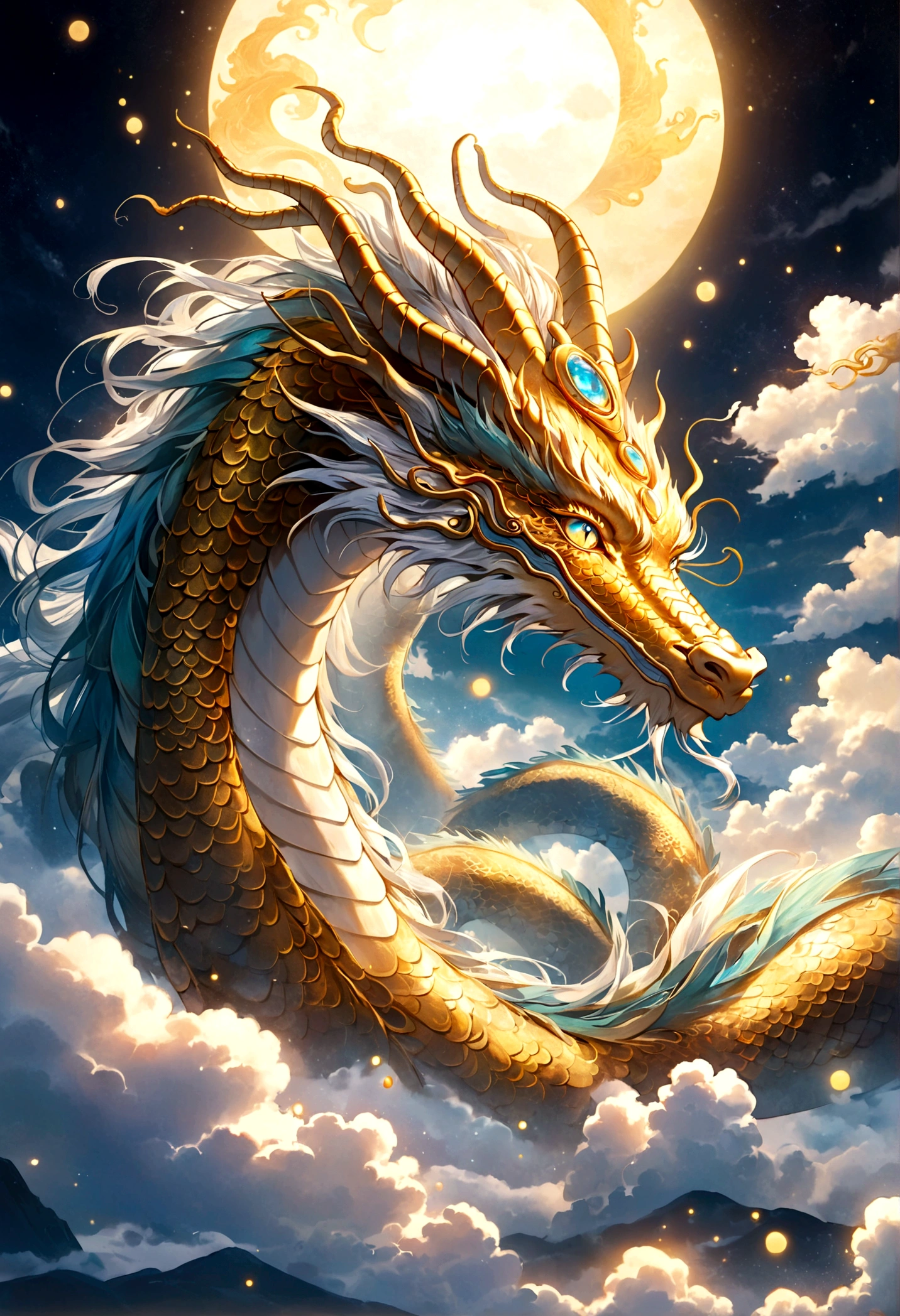 sky dragon god, gentle gaze, fantastic background, moonlight background, sea of clouds background, golden splashes, mysterious, sacred light, mythical creature, traditional Chinese dragon, mythology, speckled light, hazy haze, mysterious aura, masterpiece, fantastic and graceful dragon, good luck, fantasy art