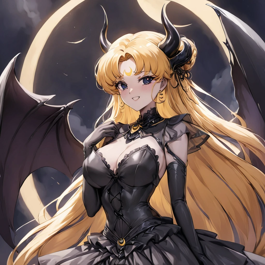 ((Highest quality)), ((masterpiece)), (detailed), (Perfect Face)、Black moon mark on forehead、The woman is the Dark Queen of the Black Moon of the Black Moon Clan, the Demon Queen Black Serenity, and the woman is the sexy, jet-black-skinned demon princess Serenity.、The woman is a jet-black female demon with magnificent devil horns, jet-black devil wings, and a jet-black tail. Her skin is jet-black, and she has a black inverted crescent moon mark on her forehead. She is a devil bride wearing a gorgeous black Gothic Victorian wedding dress and a black wedding veil. She is the jet-black demon Princess Serenity, and has blonde hair with a happy expression as she looks at the camera.2The expression of a girl in love with her long hair tied up、Woman is Black Serenity、Punishment pose on behalf of the moon
