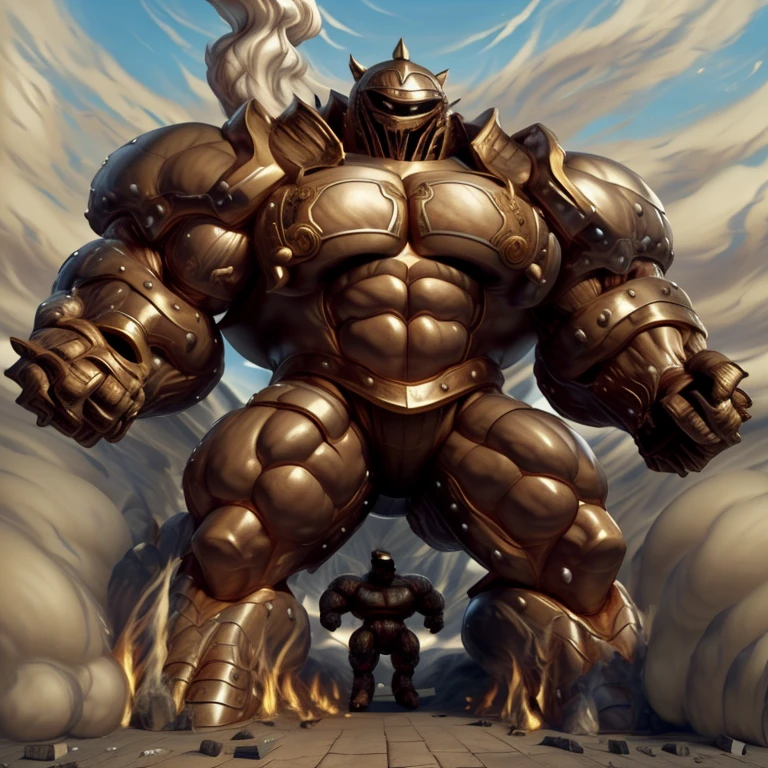 SOLO (masterpiece. official art. 8k. best quality. detailed full body. full body.)

(situation 1 : dominating Armored Flazzard. Armored Flazzard is over 1000 meters long. focus GIANT mechanical Muscular Armored Flazzard is trampling the city. Looking down. macro. stomp. Low-angle perspective. emphasizing the immense size.)

(situation 2 :smoke and flames rising from the destruction in the city)

(Additional details 1: real texture material. whole body shines like metal. emphasizes the muscles. suit fully made of metal.).

(Additional details 2: Detailed head. Detailed Body. Detailed abs. gigantic muscles. HYPER MUSCLES. Gigachad Muscular. big muscle. pecs. triceps. traps. unusually developed muscular body. body full of huge muscles. showing off muscles. pectorales enormes. Exaggeratedly huge muscles. huge muscles. long legs.).
his back he wears a golden cloak.