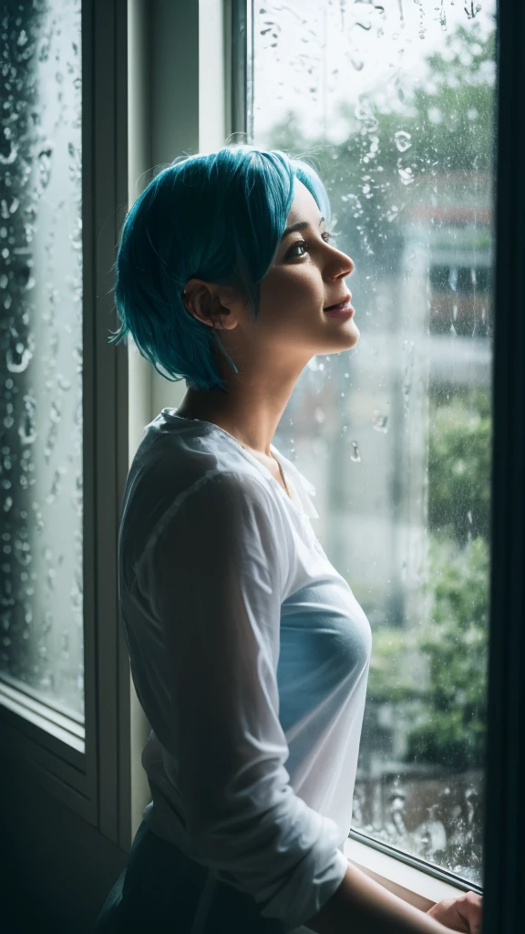 (masterpiece), (best quality), Ultra-high resolution, Raw photo, A photo-realistic, ((Looking outside by the window on a rainy day)), super cute woman, 1girl, (perfect face:1.2), (beautiful face:1.2), (((pale blue hair))), pixie hair, (upper body:1.3), light smile, (looking out the window:1.4), pose, sheer shirt, indoors, morning time, intricate, depth of field, cinematic lighting, coffee,