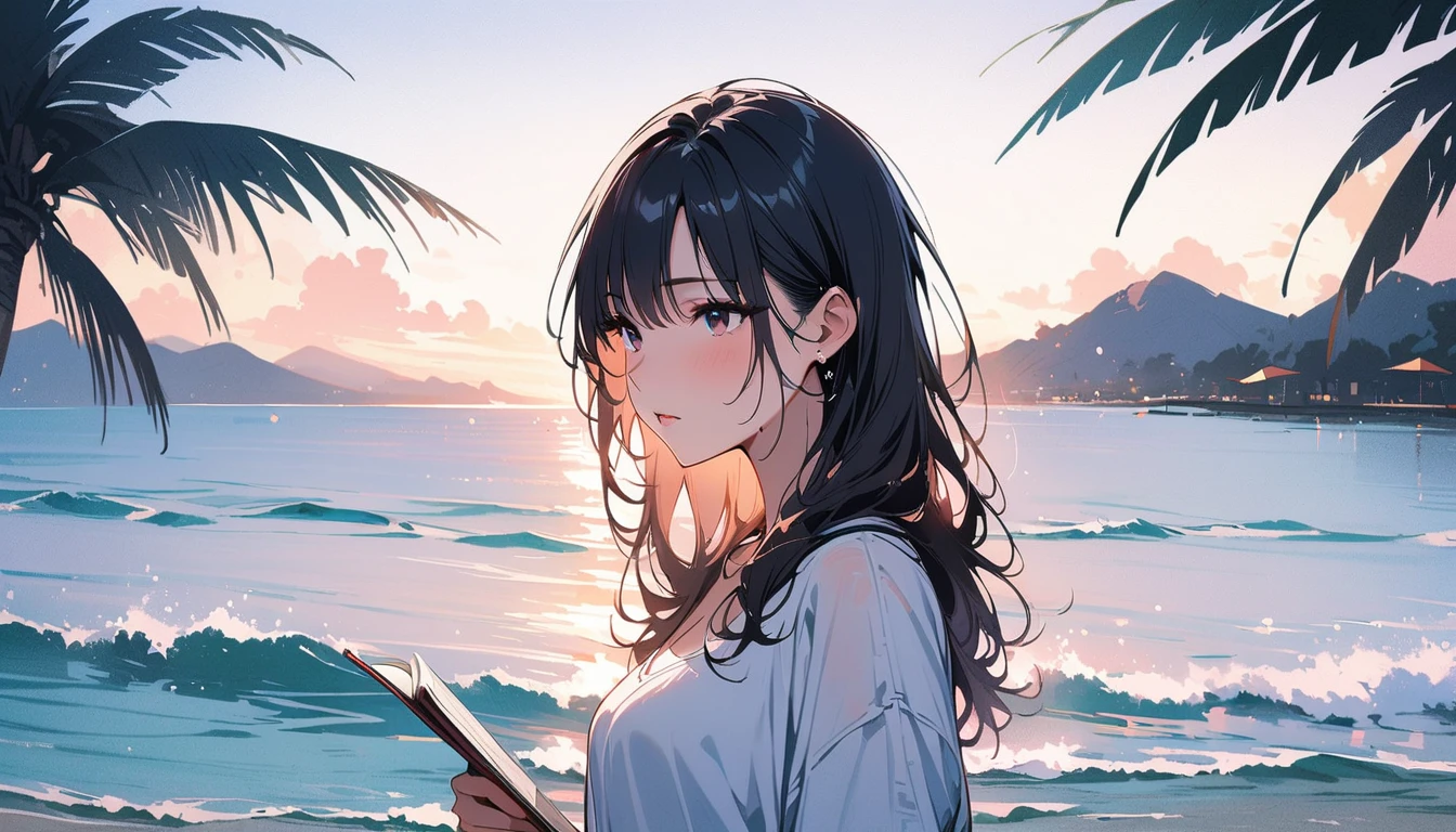 (masterpiece, Highest quality:1.2), 1 Girl, alone,Eyes open,I have a book,Tropical atmosphere,Ocean