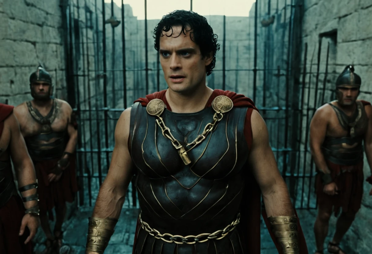 arafed man in a roman costume standing in a prison, in screenshot from the 300 movie, the the man is wrapped in chains, henry cavill as a greek god, 8 k movie still, henry cavill is a greek god, 300 the movie, inspired by Exekias, leading spartans into battle, film still from god of war