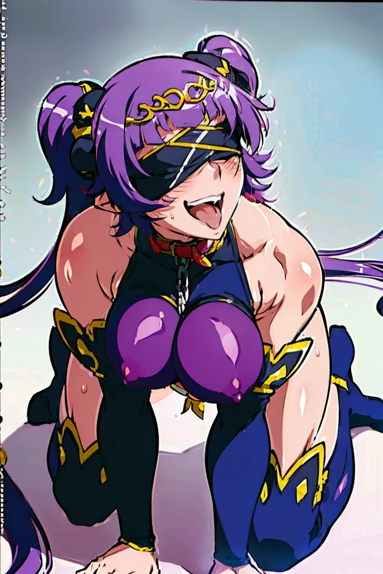 1girl, solo, huge breasts, cleavage, Chubby, (((((blindfold))))), (((chain leash, animal collar, animal collar connected chain leash))), (((hand on the ground, on all fours))), masterpiece, best quality, ultra detailed, super fine illustration, purple hair, nsfw, sexual ecstasy smile, voluptuous, fair skin, perfect proportion, gleaming skin, oil skin, shiny skin, twin tails, perfect limbs, perfect legs, evil smile, rape face, dimpled smile, full face blush, fucked silly, stick out tongue, long tongue, tongue out, open mouth, vulgarity, sweat skin, full body, perfect anatomy, nice body, teeth, smile broadly, bare shoulders, panties, thighhighs, underwear, covered nipples, tiara, twintails, purple hair, purple legwear, dare thighs, armpits, detached sleeves, ((((midriff)))), thigh boots, thigh heels, bridal gauntlets, circlet, purple footwear, pubic tattoo, fingerless gloves, dare fingers gloves, bangs,