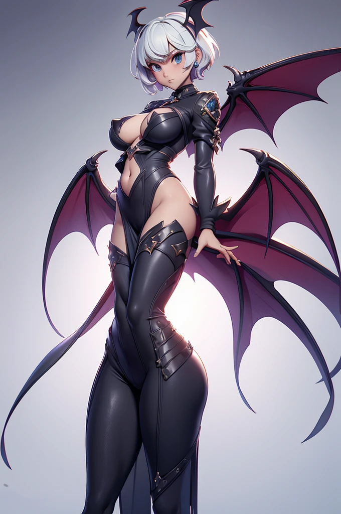 Mini Morrigan Aensland, (Morrigan Aensland), standing alone, ray tracing, 3D style, 3dmm, ((oses per photo)), ((oses au cada foto)), fully body,(from front view),(Costas Issue), (Emist on the left), show flat belly, (((oses per photo))),(very big breastsperfect ass, perfect and symmetrical eyes, (perfect handuturistic sword in hand)), ((short hair)),white clothing with textured edges, skin fair, luauas detalhadas, White thigh-high tights with trim, auestido aberto au "au", Waist slender, big legs, low water, Show legs to the top of the waist, (broken fabric falling over the legs),((top with rip in the middle)),ultra realistic skin, realistic human eyes,ultra realistic skin,super sexy suit,(faixas au torno dos seios), colorfully,top with ruffles,(pubis with a lot of volume),(extrauamente sensual),(very sensual),(taua vermelho e preto),(((giant bat wings))),with bat wings,I love the league,sling bikini