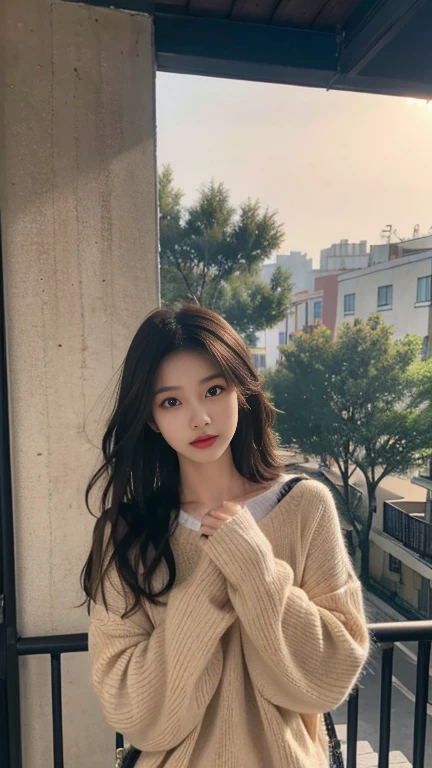 1 Girl,balcony,Soft Light,Chinese Beauty,sweater ,Dark-haired,long hair,