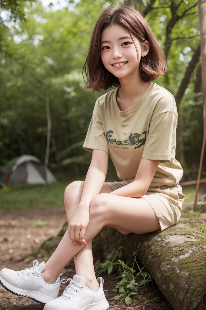 すっぴん、Camping tent, junior high school third grade, ((full body)), ((photo)), ((best qualtiy, 8K, tmasterpiece:1.3)), Focus:1.2, perfect figure beautiful child:1.4, 1, cowboy shot, look at viewer, eyes facing the camera, incredibly absurd, beautiful and cute  with a photorealistic face, showcasing top-quality craftsmanship, A Japanese girl gazing at the campfire at a campsite, 15 years old, short hair, wavy and shiny, crimson hair, big eyes, long eyelashes, smiling face, white teeth, round face, small nose, smooth skin, fair skin, red lips, pink cheeks, lively expression, , delicate, well-balanced proportions, slim, 155cm tall, thin limbs, small A-cup breasts, khaki T-shirt, camouflage shorts, sneakers, beautiful girl, younger sister attributes, active, sociable, cheerful, optimistic, brave, curious, August