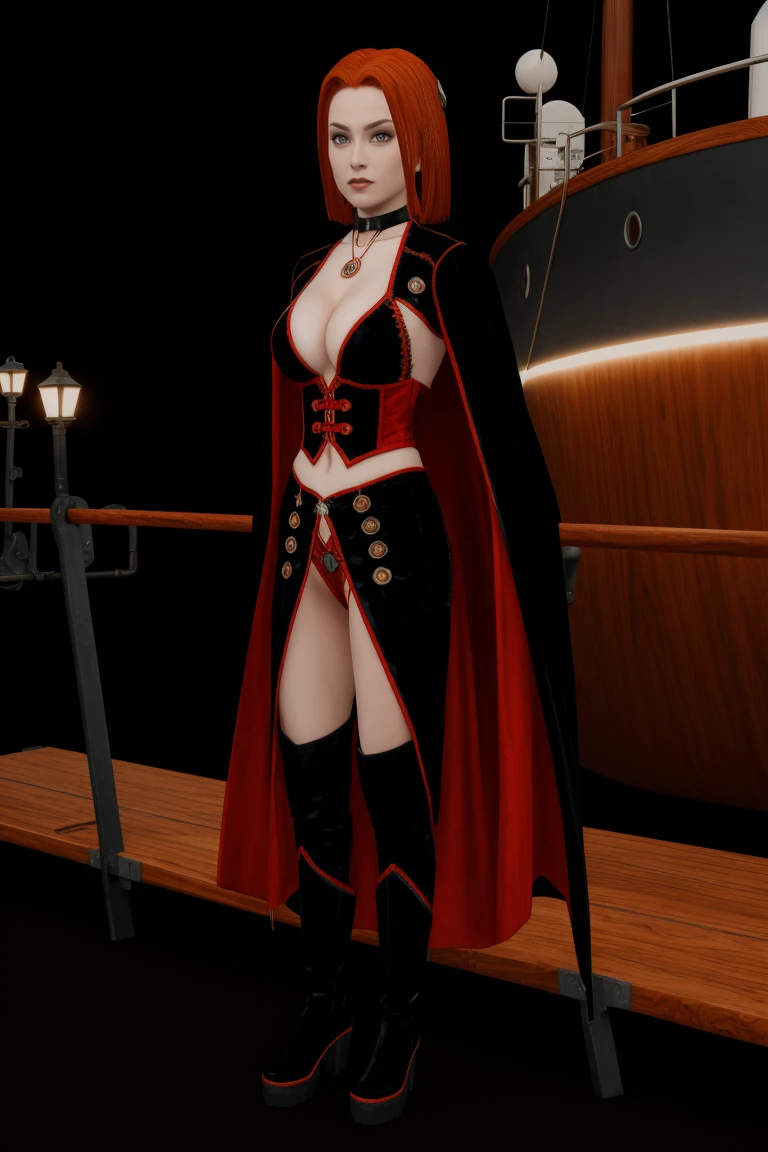 A stunning female rayneclassic stands poised on the weathered deck of a majestic ship at night in Miami. Her porcelain skin glows softly, illuminated by the warm light of the loghthouse. Delicate features and raven tresses frame her enigmatic smile as she gazes out to sea, the wind gently tousling her locks, (((wearing short skirt with long cloak and high boots, medium breasts, cleavage,))), short red hair, looking at the viewer, smiling, closeup portrait, good hands, short hair, red hair,rayneclassic