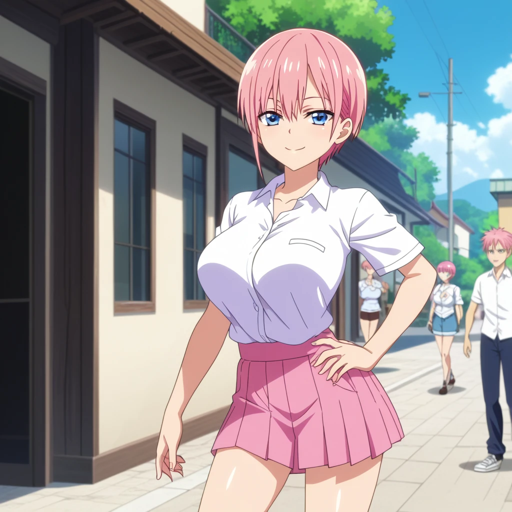 score_6_up, best quality, anime screencap, (nakano ichika, pink hair, short hair), standing, outdoor, big breasts, smile