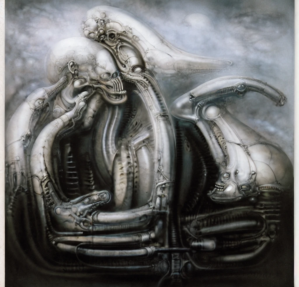 The image is a detailed view of H.R. Giger's Tableau \"NYC \" plate.  The image is a black and white illustration depicting a surreal landscape with a large city-like structure, featuring intricate pipes and mechanical parts, set against a cloudy sky.
 It's acomplex, abstract bone and ivory structure that resembles pipes and wires. The structure is composed of numerous pipes and wires intertwining and overlapping each other in a chaotic yet harmonious manner.
The style  is clearly biomechanical. Features combination of organic and mechanical forms. Mechanical elements dominate the background of composition, there are subtle organic hints. The use of undersaturated purple-grays dark contrasts creates a stark and graphic look. Is used a variety of linework techniques to create different textures. Fine, parallel lines create a smooth, metallic texture,while thicker, more cursive lines suggest cables or wires. The artwork is shiny and purplish brown, with an ivory bones prominently displayed. The image is highly detailed and intricate, almost like a 3d version of a medical diagram (detailed view of an anatomy sketch, possibly of a humanoid body, with transparent organs and bones exposed). The piece has a thick mechano-organic texture and is covered in fine details. The image has a swirling, organic quality to it. The artistic manner would be unmistakably Gigeresque. A dark and unsettling beauty would permeate the piece, blurring the lines between fascination and repulsion , forever haunted by the grotesque allure. Giger's signature artistic manner would be evident in every stroke. The airbrush would be wielded with masterful precision to create a hyperrealistic yet yet nightmarish aesthetic.
 The texture of ivory with signs of burning and fossilization can be seen in the mix of smooth and rough brushstrokes,hrgiger,HRGigerArhP style