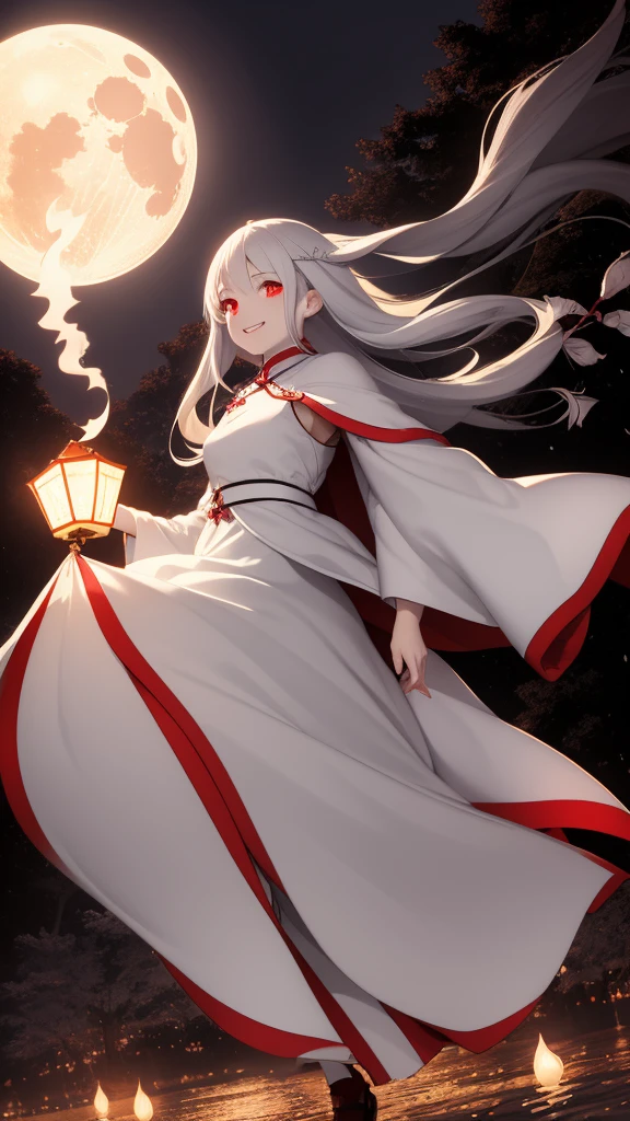 1 girl, silver hair, red eyes, white skin, smile, long hair, flying, floating in the air, white cloak, holding a lantern, Chinese lantern, night, moon