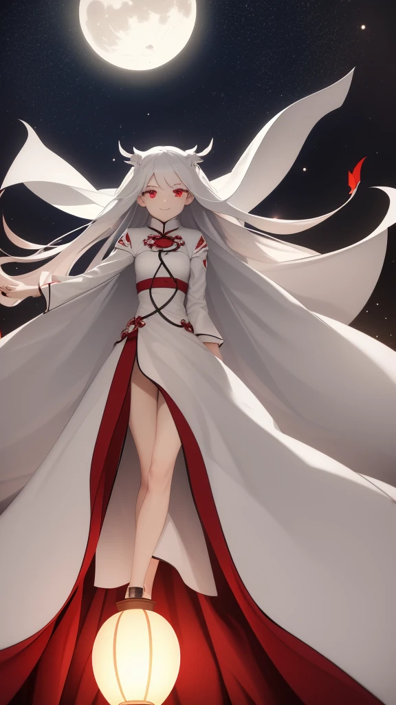 1 girl, silver hair, red eyes, white skin, smile, long hair, flying, floating in the air, white cloak, holding a lantern, Chinese lantern, night, moon