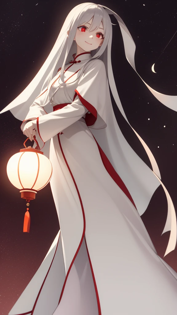1 girl, silver hair, red eyes, white skin, smile, long hair, flying, floating in the air, white cloak, holding a lantern, Chinese lantern, night, moon