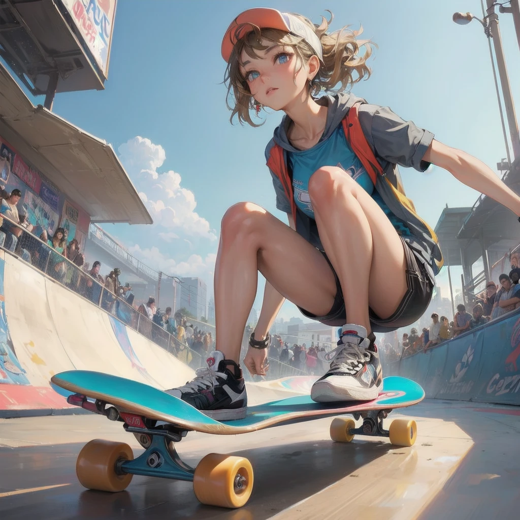 masterpiece, (textured skin), best quality, gorgeous beautiful girl, (a female skateboard athlete), detailed clothes,large breasts,narrow waist,, (beautiful face), cinematic lighting, (at skateboard venue ),