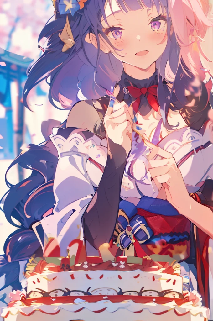 masterpiece, best quality,raiden shogun, multiple girls, 2girls, yae miko, pink hair, urple hair, japanese clothes, long hair, animal ears, hair ornament, fox ears, detached sleeves, kimono, ((birthday cake))