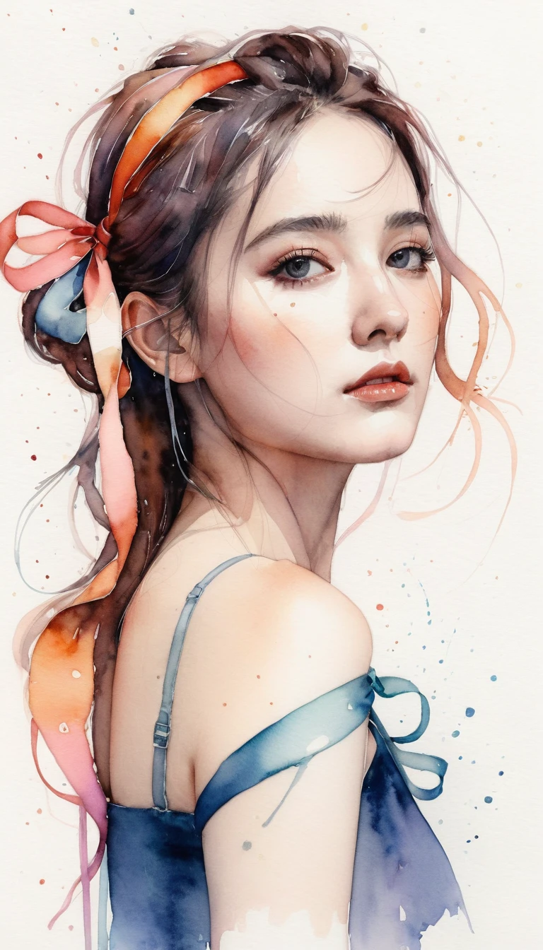 (8k, best quality, masterpiece:1.2),(best quality:1.0), (ultra highres:1.0), watercolor, a beautiful woman, shoulder, hair ribbons, by agnes cecile, half body portrait, extremely luminous bright design, pastel colors, (ink:1.3), autumn lights,