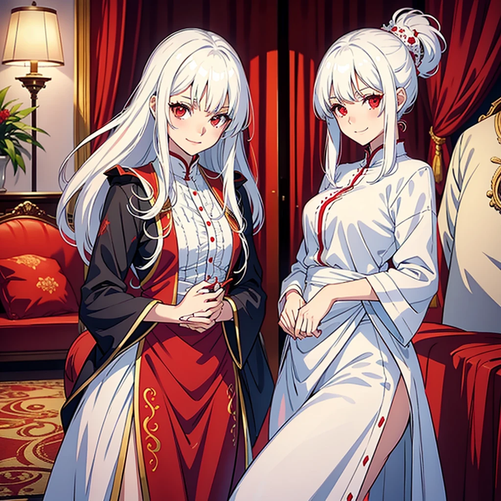 Many beautiful girls with white hair and red eyes,wear beautiful clothes side by side,Smiling in hotel room