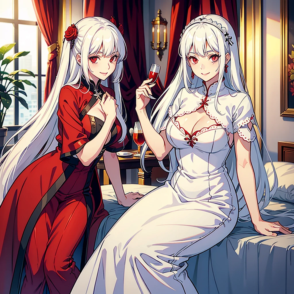 Many beautiful girls with white hair and red eyes,wear beautiful clothes side by side,Smiling in hotel room