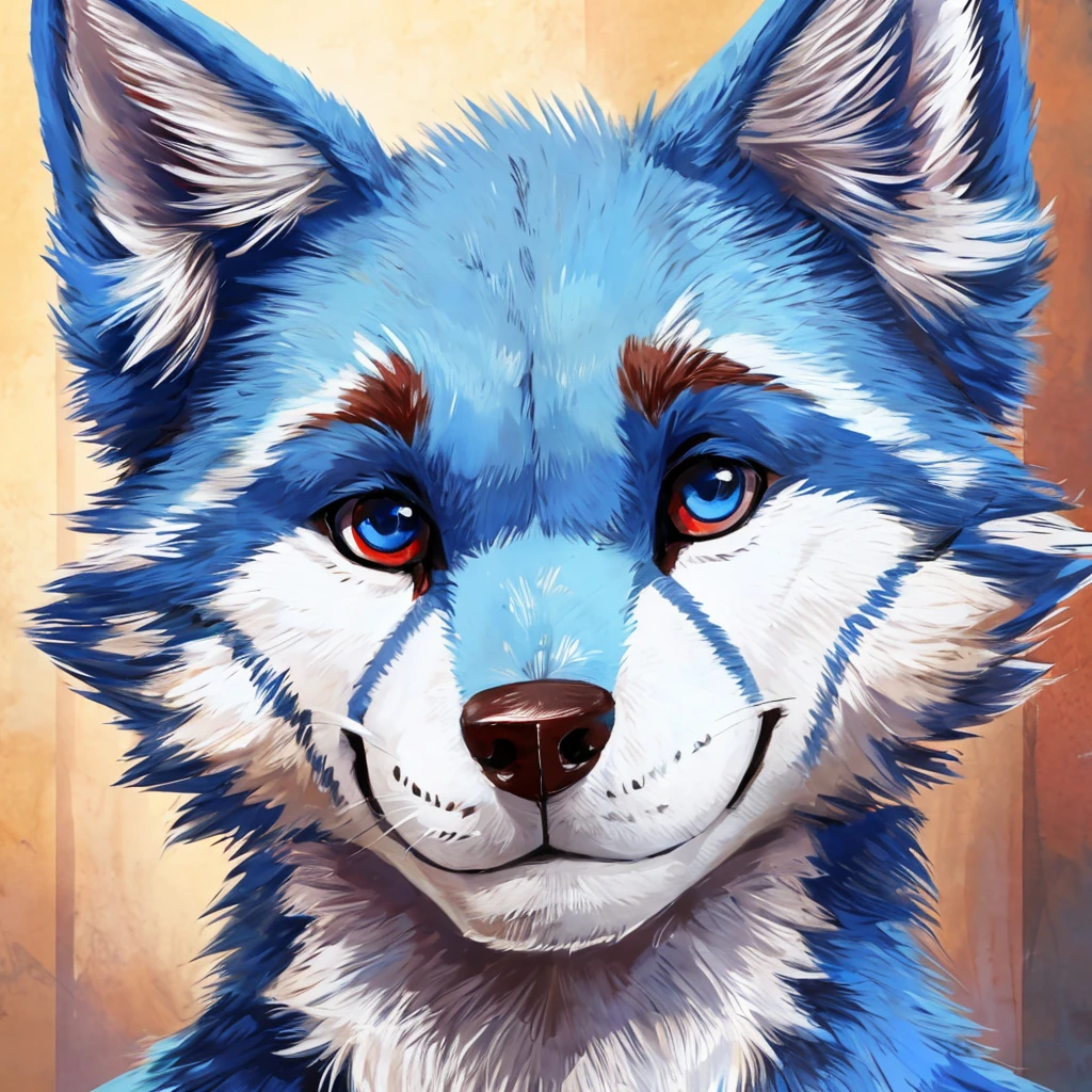 headshot of a cute and anthropomorphic blue colored fur wolf, closed smile, he has red and blue eyes, headshot, high quality furry art.