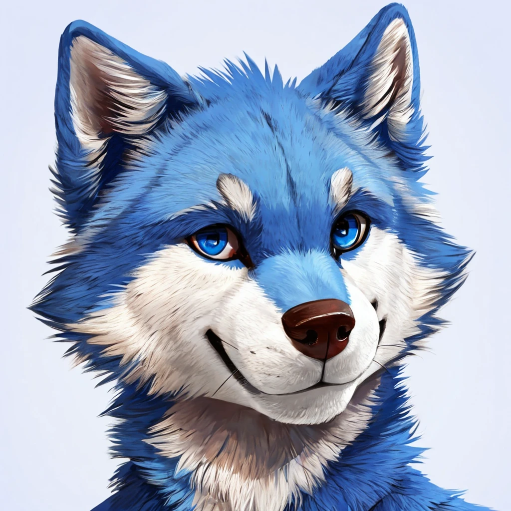 headshot of a cute and anthropomorphic blue colored fur wolf, closed smile, he has red and blue eyes, headshot, high quality furry art.